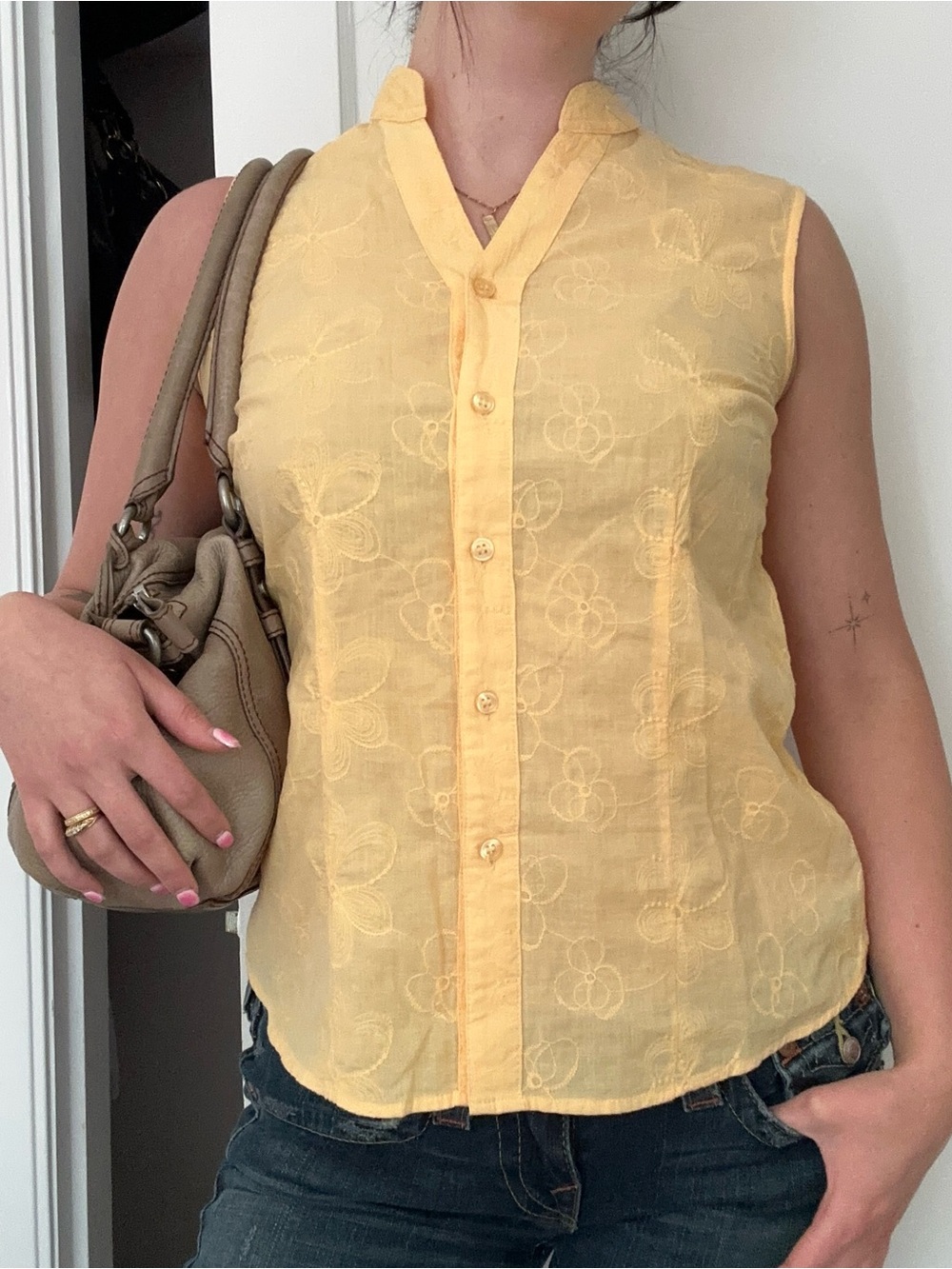 Sleeveless Yellow Embroidered Button-Front Tank Top
